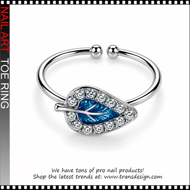 Adjustable Sapphire Blue Leaf Rhinestone Toe Ring #11379