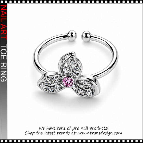 Adjustable Pink Orchid Flower Rhinestone Toe Ring #11382