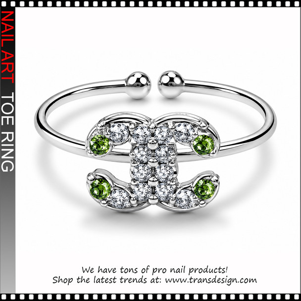 Adjustable Bow Tie Emerald Green Color Rhinestone Toe Ring #11394