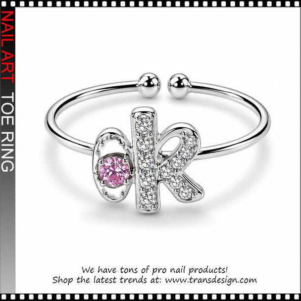 Adjustable OK Letter Pink Rhinestone Toe Ring #11396