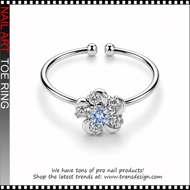 Adjustable Light Sapphire Blue Flower Rhinestone Toe Ring #11405