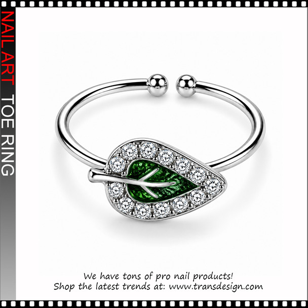 Adjustable Dark Green Leaf Rhinestone Toe Ring #11406
