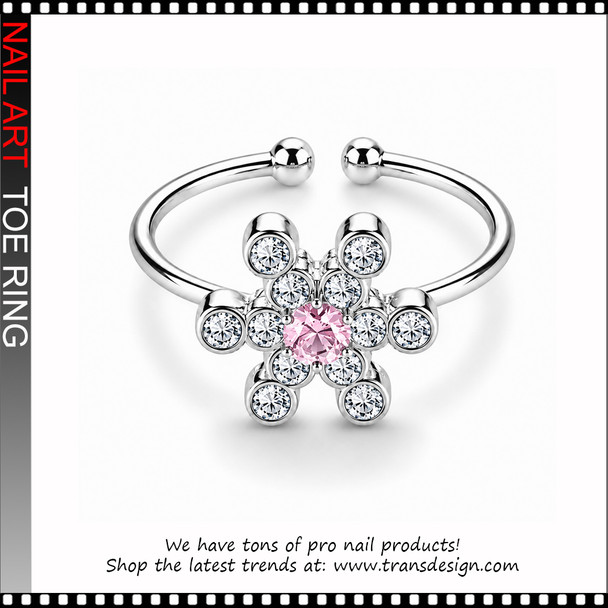  Adjustable Light Pink Flower Rhinestone Toe Ring #11409