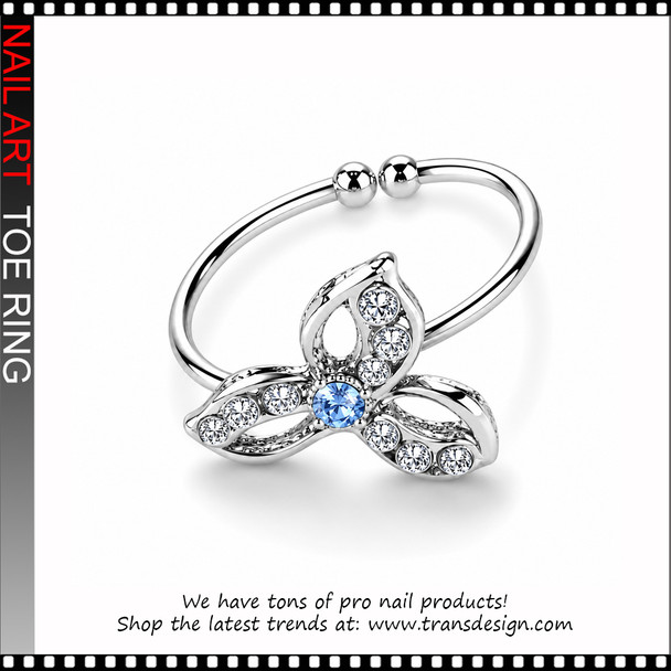 Adjustable Light Sapphire Blue Orchid Flower Rhinestone Toe Ring  #11419