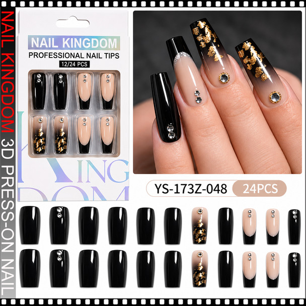 NAIL KINGDOM Long Coffin, Black & Gold Luxury Press On Nails 24/Pack