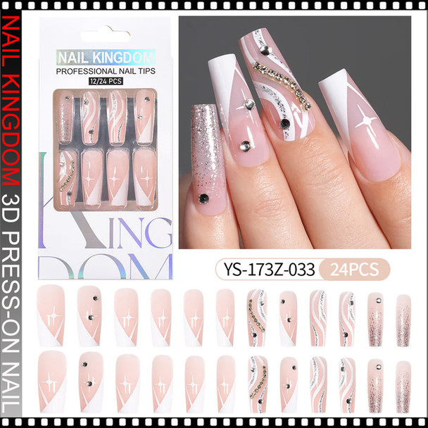 NAIL KINGDOM Pink Nude French Wave Glitter Rhinestone Long Coffin Press-On Nails 24/Pack