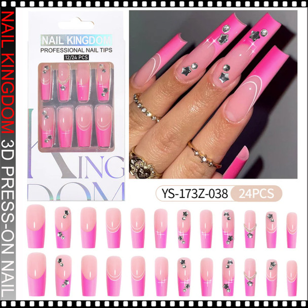 NAIL KINGDOM Hot Pink Ombre French Rhinestone Long Coffin Press-On Nails 24/Pack