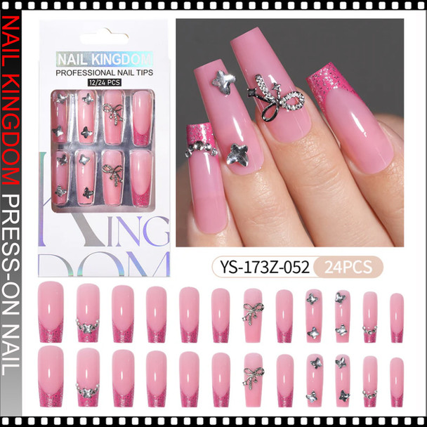 NAIL KINGDOM Pink Glitter Bow Rhinestone Press-On Nails 24/Pack