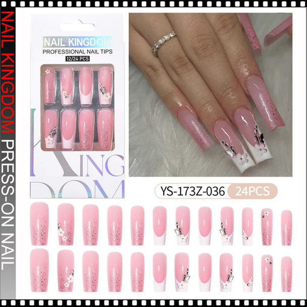 NAIL KINGDOM Pink Glitter French Floral Press-On Nails 24/Pack