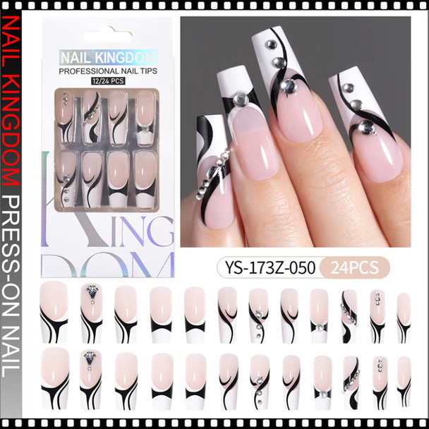 NAIL KINGDOM Black Swirl French Rhinestone Press-On Nails 24/Pack