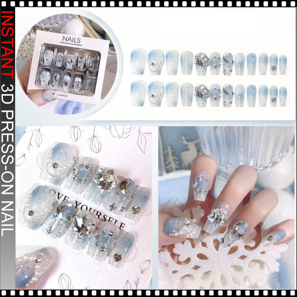 INSTANT 3D Luxury Ice Blue Crystal Rhinestone Press-On Nails 24/Pack