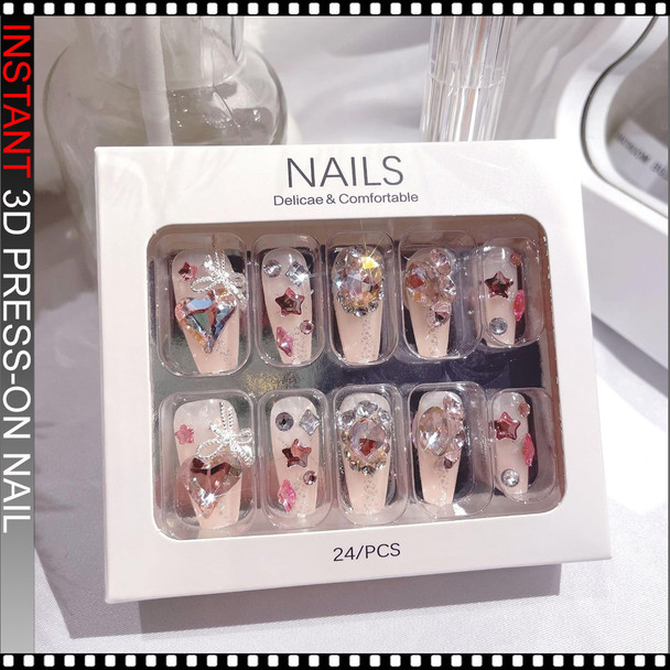 INSTANT 3D Luxury Silver Pearl Crystal Press-On Nails 24/Pack