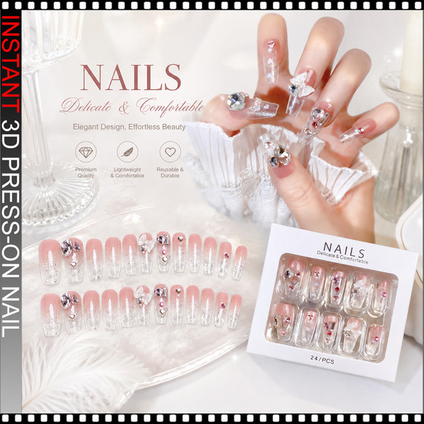 INSTANT 3D Luxury Pink Crystal Butterfly Bow Press-On Nails 24/Pack
