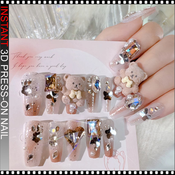 INSTANT 3D Luxury Teddy Bear Crystal Press-On Nails 24/Pack