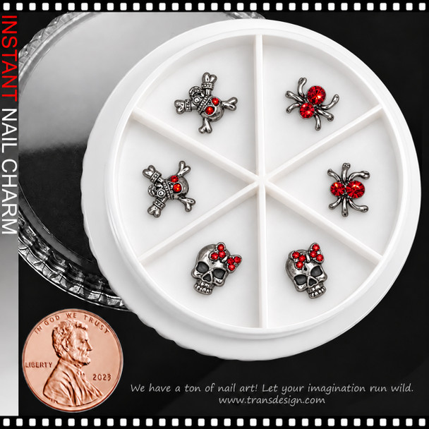 NAIL CHARM RHINESTONE – SKULL & SPIDER MIX SILVER & RED 6/CASE