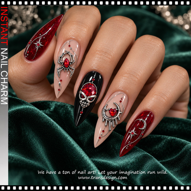 NAIL CHARM RHINESTONE – SPIDER, SKULL & CRESCENT MOON MIX SILVER & RED 6/CASE