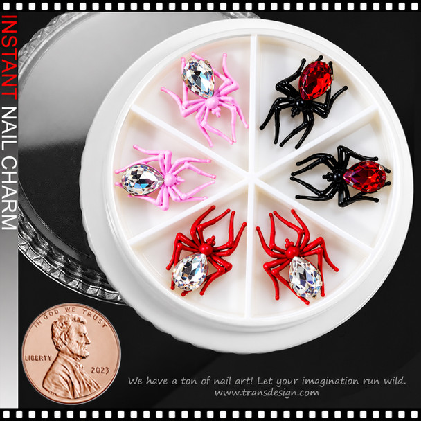 NAIL CHARM 3D CRYSTAL RHINESTONE SPIDER ASSORTED COLORS 6/CASE #1