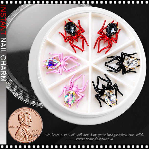 NAIL CHARM 3D CRYSTAL RHINESTONE SPIDER ASSORTED COLORS 6/CASE #2