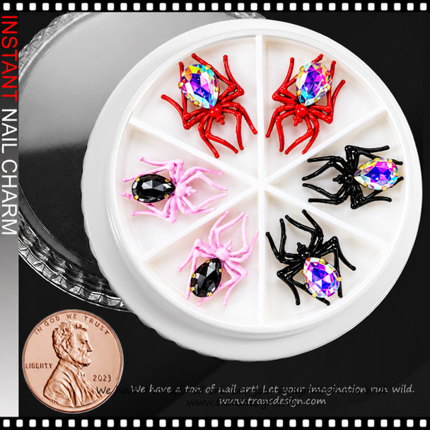 NAIL CHARM 3D CRYSTAL RHINESTONE SPIDER ASSORTED COLORS 6/CASE #3
