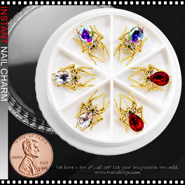 NAIL CHARM 3D CRYSTAL RHINESTONE SPIDER ASSORTED COLORS 6/CASE #4
