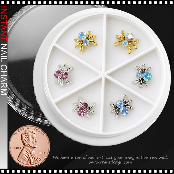 NAIL CHARM RHINESTONE 3D SPIDER GOLD, SILVER, PINK & AB CRYSTAL 6-CASE