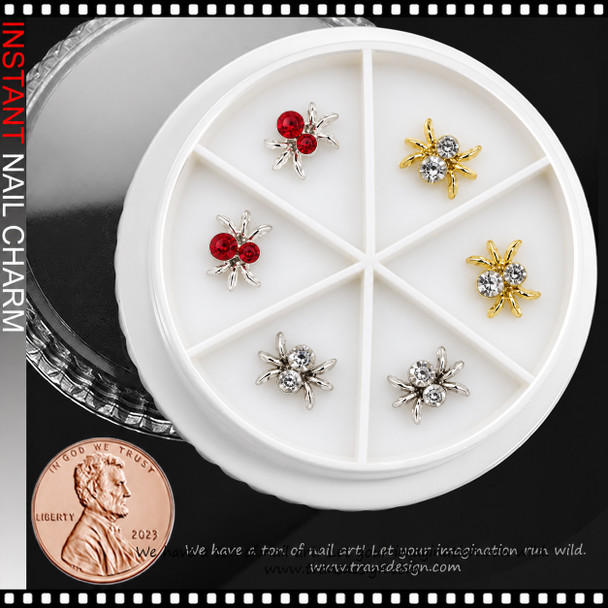 NAIL CHARM RHINESTONE 3D SPIDER GOLD, SILVER, RED & CLEAR 6-CASE