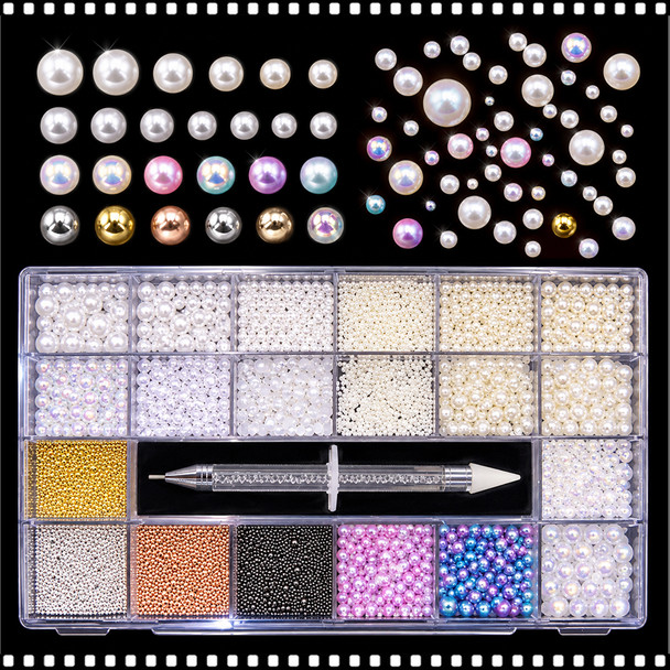 NAIL ART PEARLS & BEADS – ASSORTED SIZES & COLORS, WITH PICKING TOOL