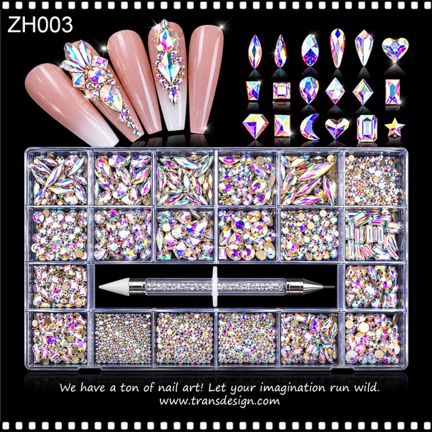 RHINESTONE CRYSTAL – CRYSTAL AB, ASSORTED SHAPES & SIZES 1,100/CASE