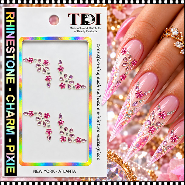 RHINESTONE NAIL STICKER – PINK CRYSTAL FLORAL CORNER *