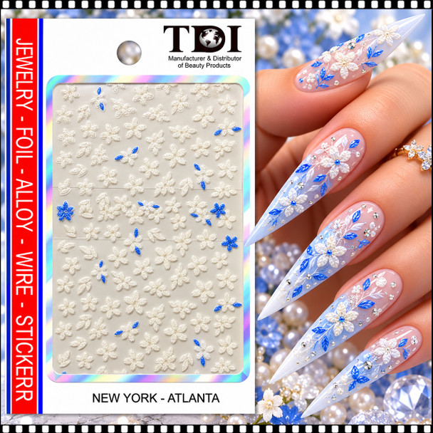 5D NAIL STICKER – PEARL WHITE BLOSSOMS WITH BLUE ACCENTS *