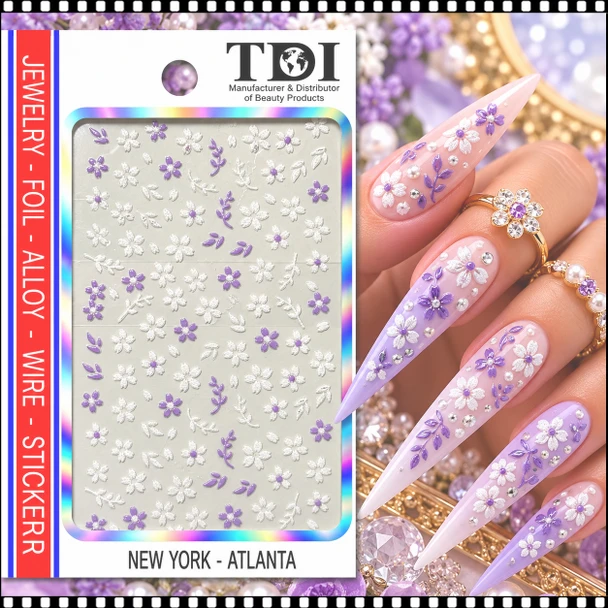 5D NAIL STICKER – LAVENDER & PEARL WHITE FLORAL BLOSSOMS *
