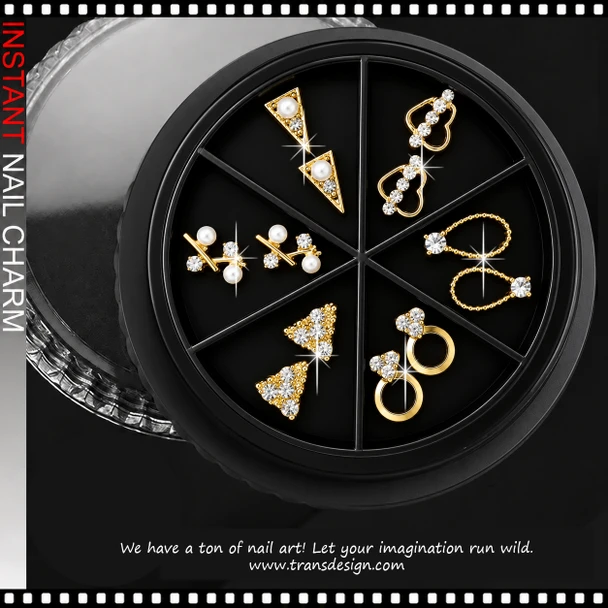 NAIL CHARM GOLD ALLOY RHINESTONE & PEARL ASSORTED 12-CASE