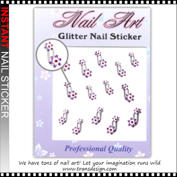 NAIL STICKER Flower, Purple & Silver Glitter #67-10