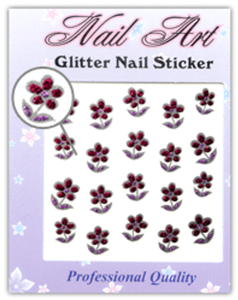 NAIL STICKER Flower, Red & Purple Glitter #67-11