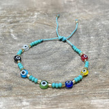 Dainty Turkish Eye Bracelet, Czech Crystals,& Bugle Beads, Handmade / ATB G B35-2TQ