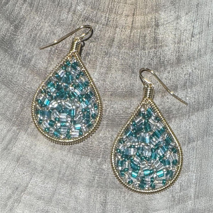 Handmade beading Czech Seed Beads and bugle beads Gold Teardrop Bohemian Earrings / RQE G B14-D8