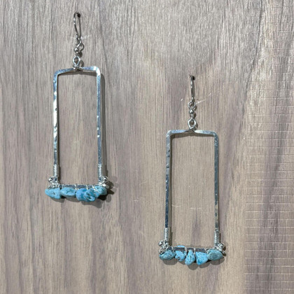 Hammered Geometric Silver Plated Earrings with Turquoise Stones, Handmade / GAE S B267-S9