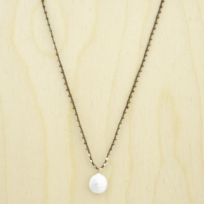 Bohemian Sterling Silver Braided Silk Thread Necklace with Coin Pearl / KRN G B336-9 Bohemian Sterling Silver Braided Silk Thread Necklace with Coin Pearl / KRN G B336-9