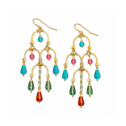 Gold-Plated Hammered Multi-Drop Geometric Chandelier Earrings Multi-Color with Teardrop Crystals  / GAE G B513-M203