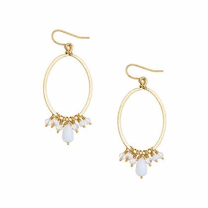 Golden Age Hammered Gold-Plated Single Oval Hoop Czech White Crystal Dangle Earrings / GAE G B499-D18