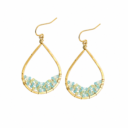 Golden Age Hammered Gold-Plated Single Teardrop Earrings with Turquoise Czech Crystal Seed Beads / GAE G B177-D145