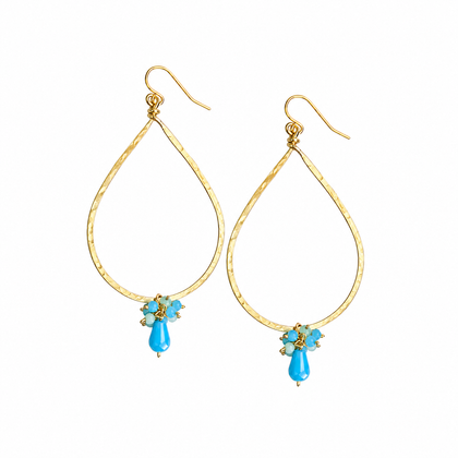 Golden Age Hammered Gold-Plated Single Teardrop Earrings with Turquoise Czech Teardrop Crystal and Crystal Bead Cluster / GAE G B467-M198