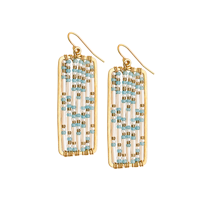 Golden Age Hammered Gold-Plated Single Geometric Rectangle Earrings with Turquoise Multi-Color Czech Seed Beads / GAE G B507 - M205
