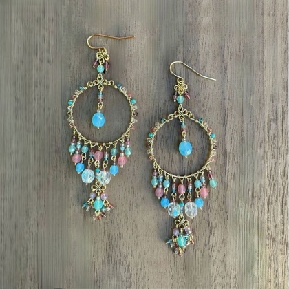 Chandelier Gold-Plated Single Hoop Earrings with Multi-Turquoise Czech Beads and Dangly Clusters / CAE G B20 - M12