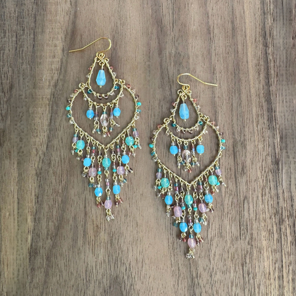Chandelier Gold-Plated Earrings with Multi-Turquoise Czech Crystal Beads / CAE G B17 - M12
