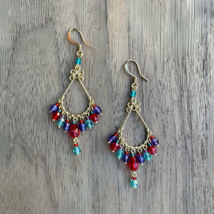 Chandelier Gold-Plated Single Teardrop Earrings with Multi-Color Czech Crystal Beads / CAE G B105 - M128