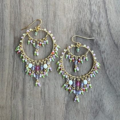 Chandelier Gold-Plated Earrings with Multi-Color Czech Crystal Beads and Seed Beads / CAE G B35 - M145