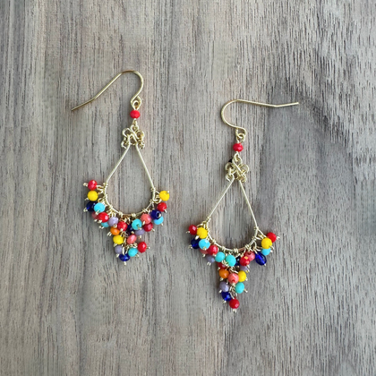 Chandelier Gold-Plated Single Teardrop Shaped Earrings with Multi-Color Czech Crystal Beads / CAE G B1 - M24