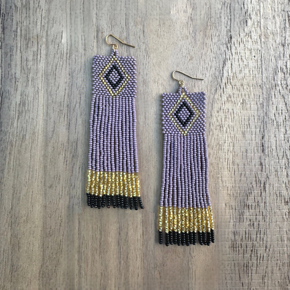 Kokopelli Boho Native American Southwest Beaded Fringe Earrings with Multi-Violet Czech Seed Beads / KPE B233 - M108
