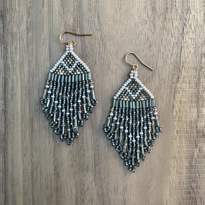 Kokopelly Boho Native American Southwest Beaded Fringe Earrings with Grey Czech Bugle and Seed Beads / KPE B225-M120